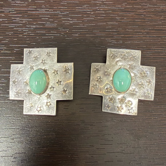 Jewelry - Vintage Sterling Cross Clip Earrings with Green Turquoise Cabochons